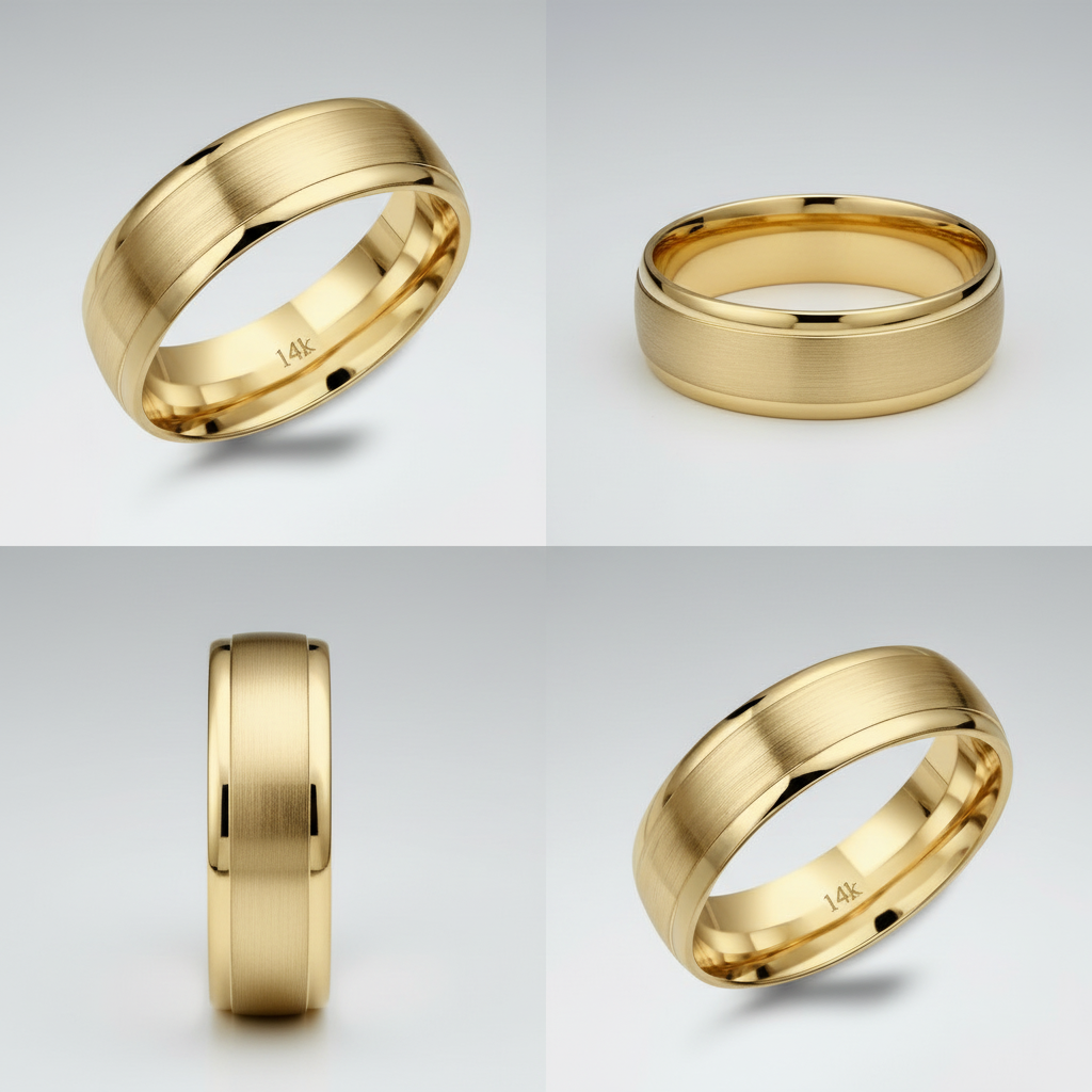 6mm 14K Yellow Gold Comfort-Fit Men's Wedding Band, brushed center, 4 angles