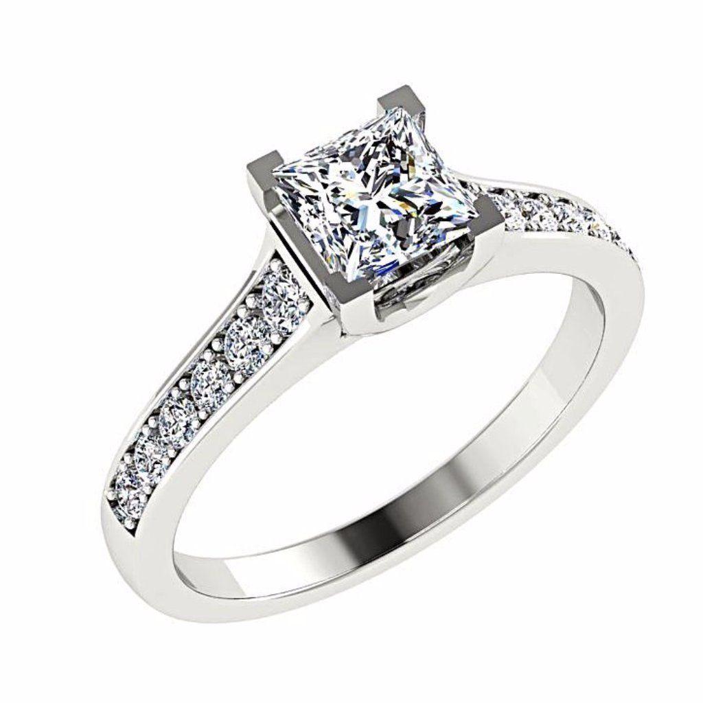 Princess Cut Diamond Engagement Ring with Side Stones 18K Gold - Thenetjeweler