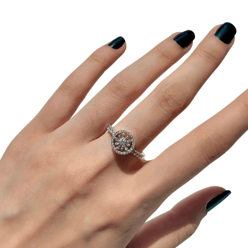 Round and Baguette Diamond Flower Ring - Thenetjeweler