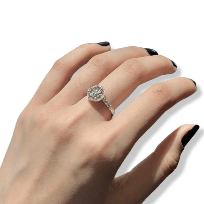 Round and Baguette Diamond Flower Ring - Thenetjeweler