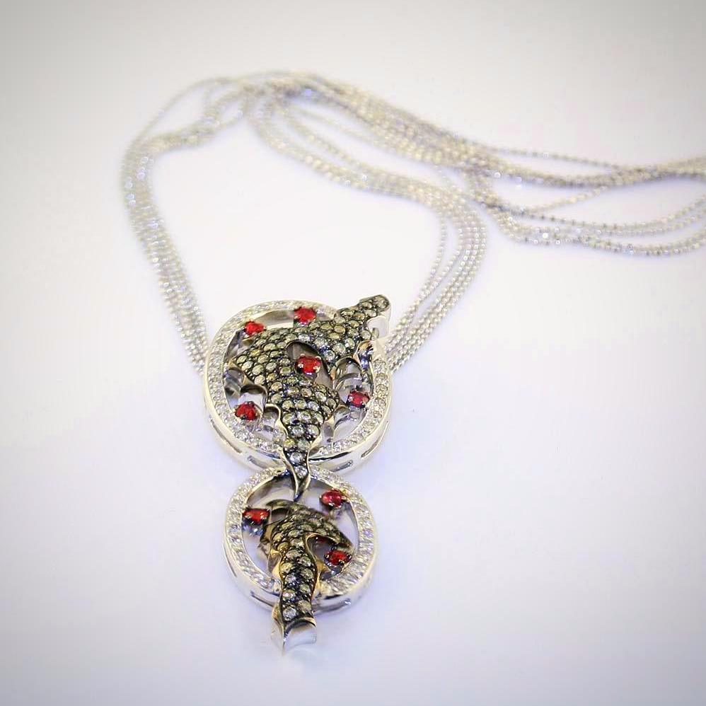 Red Sapphire White and Champagne Diamonds Pendant Necklace 18k White Gold - Thenetjeweler