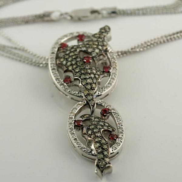 Red Sapphire White and Champagne Diamonds Pendant Necklace 18k White Gold - Thenetjeweler