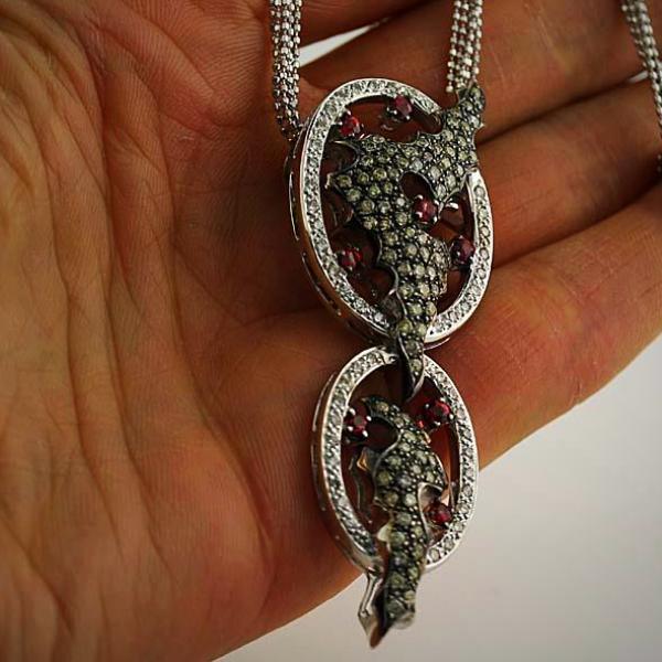 Red Sapphire White and Champagne Diamonds Pendant Necklace 18k White Gold - Thenetjeweler