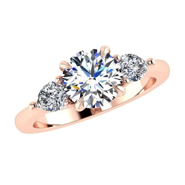 Three Stone Ring with Pear Shaped Side Diamonds Rose Gold - Thenetjeweler