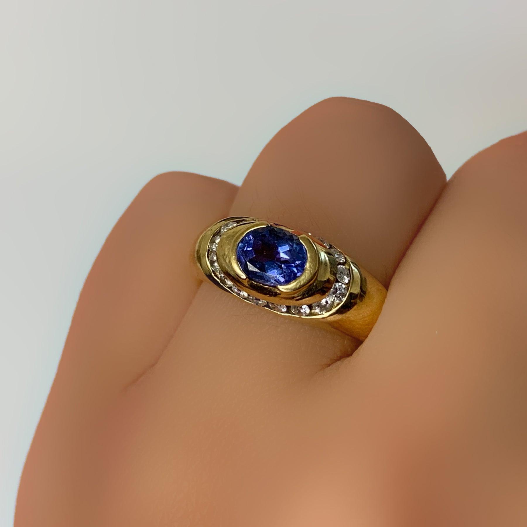 Oval Tanzanite and Diamond Ring 14K Yellow Gold - Thenetjeweler