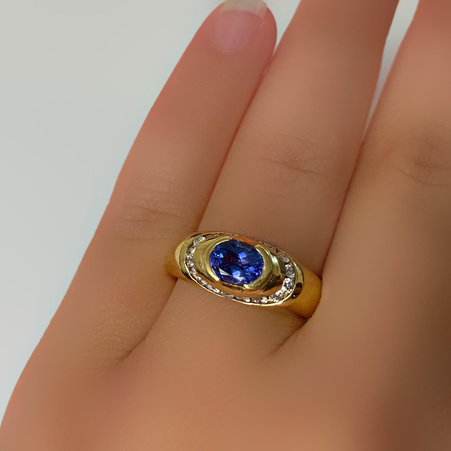Oval Tanzanite and Diamond Ring 14K Yellow Gold - Thenetjeweler
