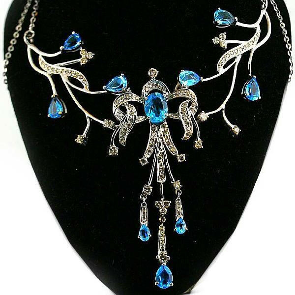 WHITE GOLD BLUE TOPAZ CHAMPAGNE DIAMOND NECKLACE - Thenetjeweler