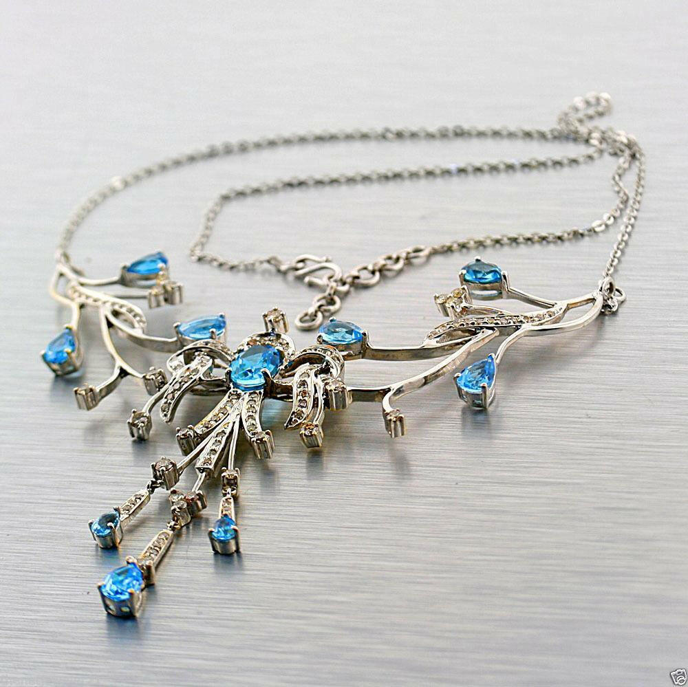 WHITE GOLD BLUE TOPAZ CHAMPAGNE DIAMOND NECKLACE - Thenetjeweler