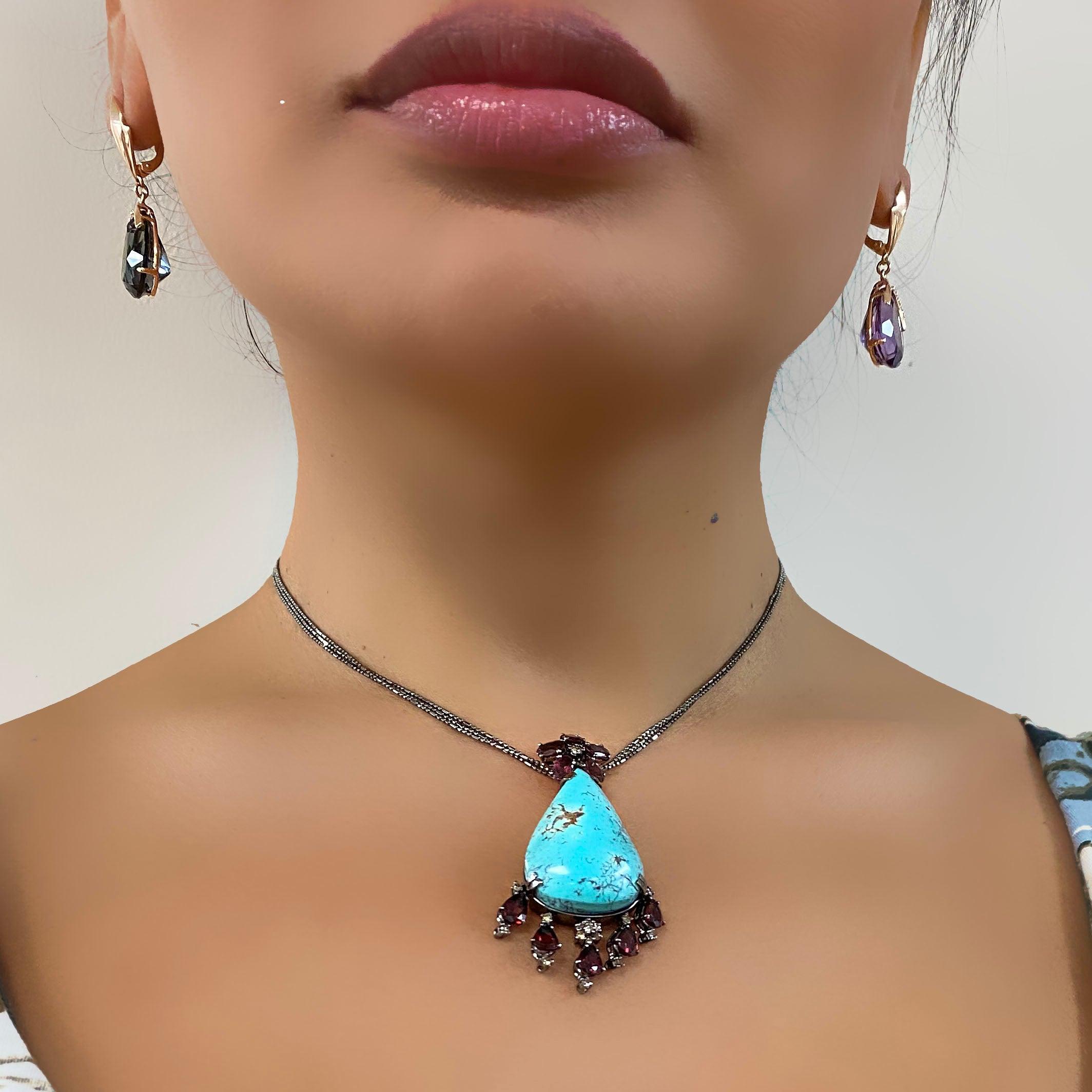 Large Turquoise Garnet and Diamonds Necklace - Thenetjeweler