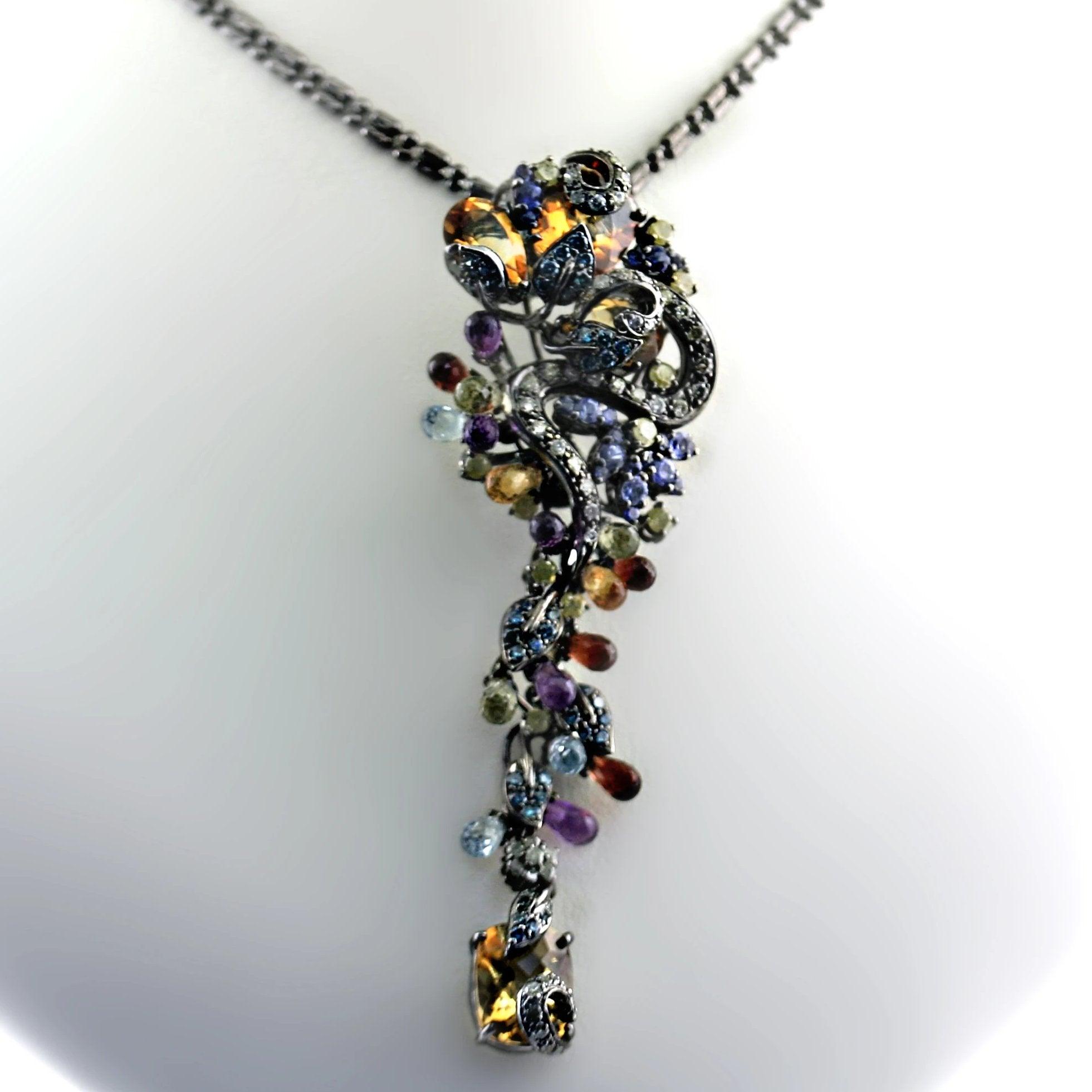 Multi-Gem and Diamond Pendant Necklace - Thenetjeweler