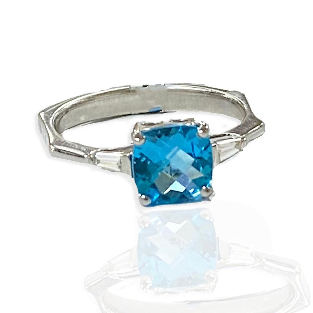 Cushion Blue Topaz and Diamond Baguette Ring - Thenetjeweler