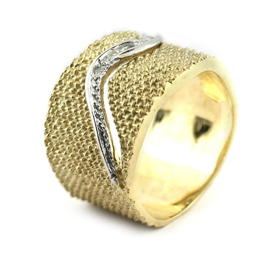 Textured Gold Band With Diamonds - Thenetjeweler