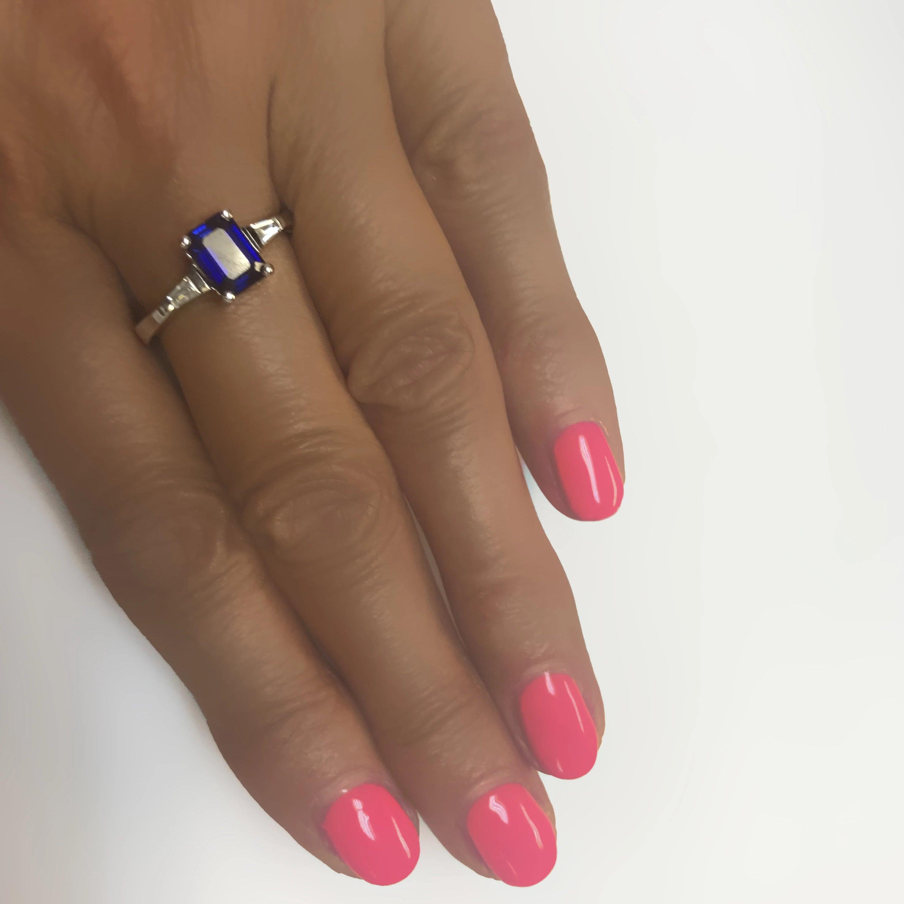 Emerald Cut Blue Sapphire and Diamond Ring - Thenetjeweler