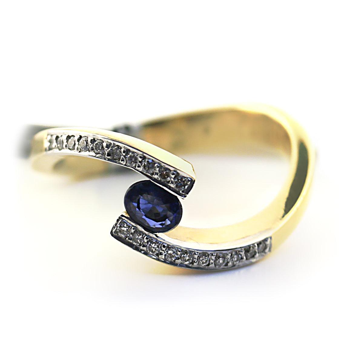 Blue Sapphire and Diamond Twist Band Ring Yellow Gold - Thenetjeweler