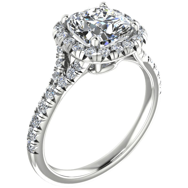 Cushion Cut Diamond Halo Engagement Ring with Side Stones - Thenetjeweler