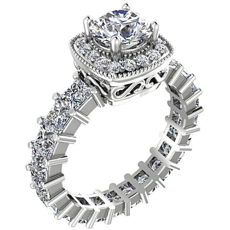 Round Diamond Halo with Princess Cut Side Stones Engagement Ring 18K White Gold - Thenetjeweler
