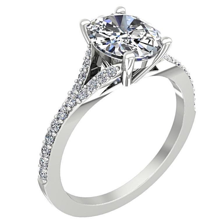 Oval Diamond Split Shank Engagement Ring with Side Stones 18K White Gold - Thenetjeweler