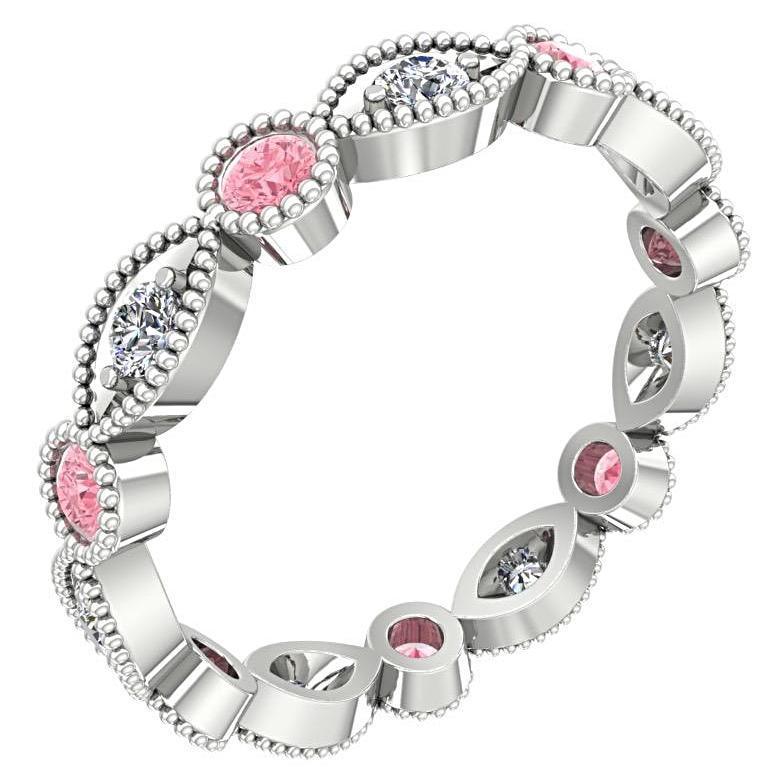 Pink Tourmaline and Diamond Milgrain Marquise and Dot Eternity Ring 14K White Gold - Thenetjeweler