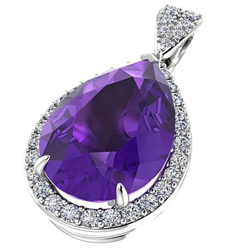 Pear Shaped Amethyst and 0.35c Diamond Halo Pendant Necklace 14K White Gold - Thenetjeweler