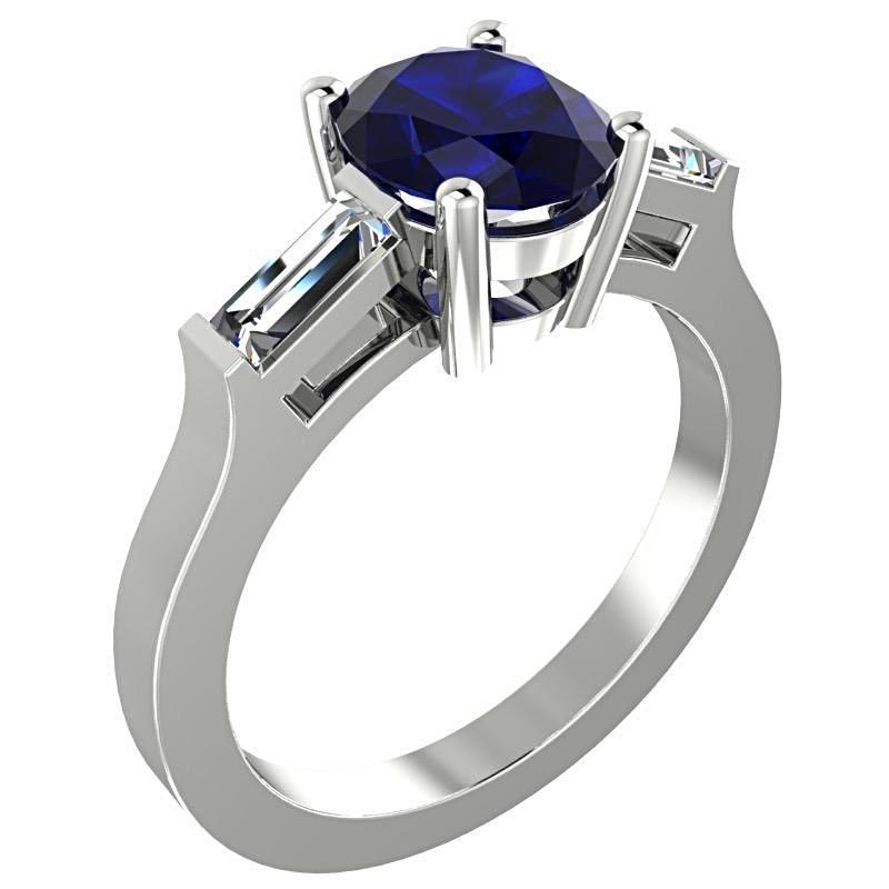 Oval Sapphire with Diamond Baguette Side Stones Ring 14K White Gold - Thenetjeweler