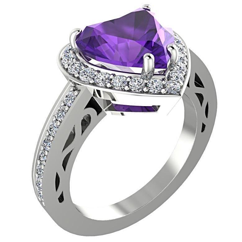 Heart Shaped Amethyst Halo Diamond Ring 14K White Gold - Thenetjeweler