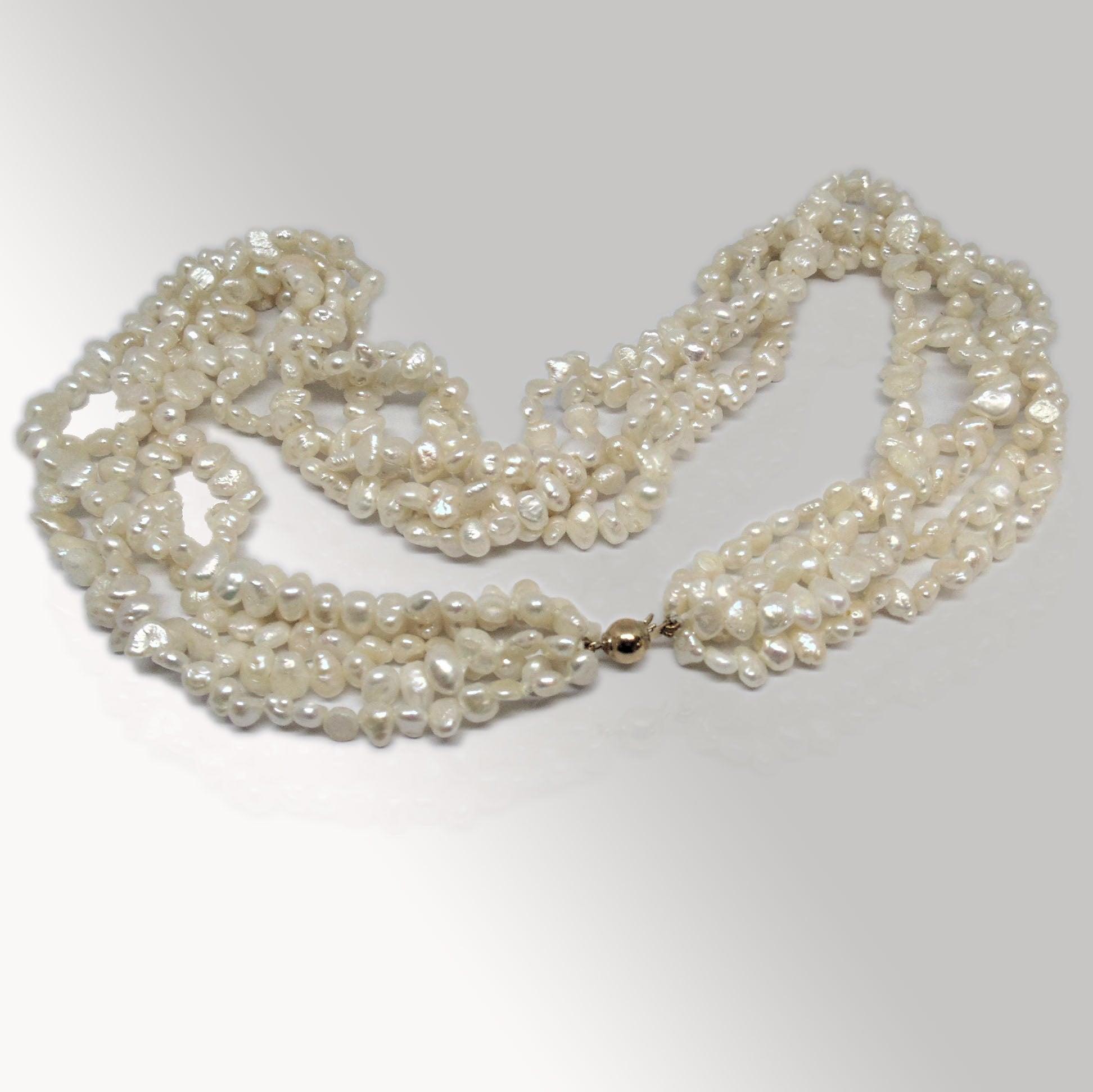 Multi Strand Freshwater Rice Pearl Necklace 14K Gold Clasp - Necklace