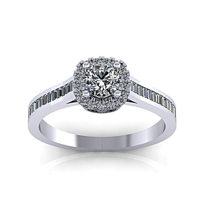 Round Halo with Side Baguettes Diamond Engagement Ring 14K White Gold - Thenetjeweler