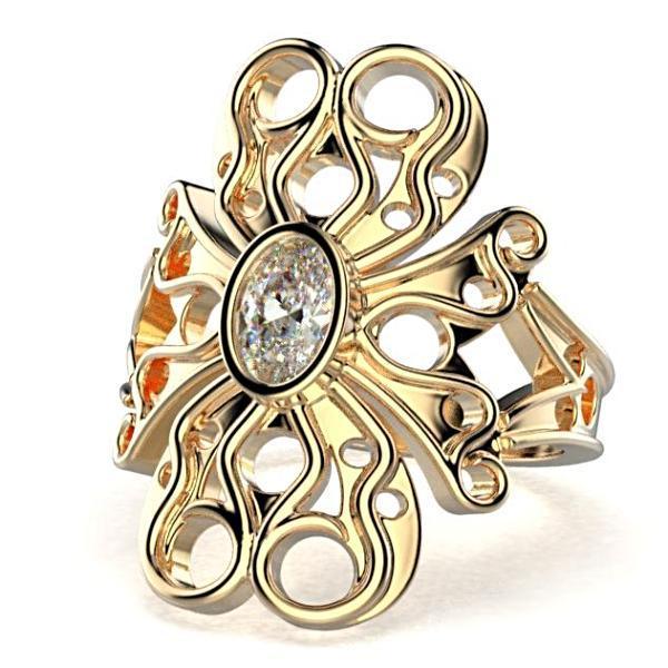 Oval Diamond Flower Design Ring 14K Yellow Gold - Thenetjeweler