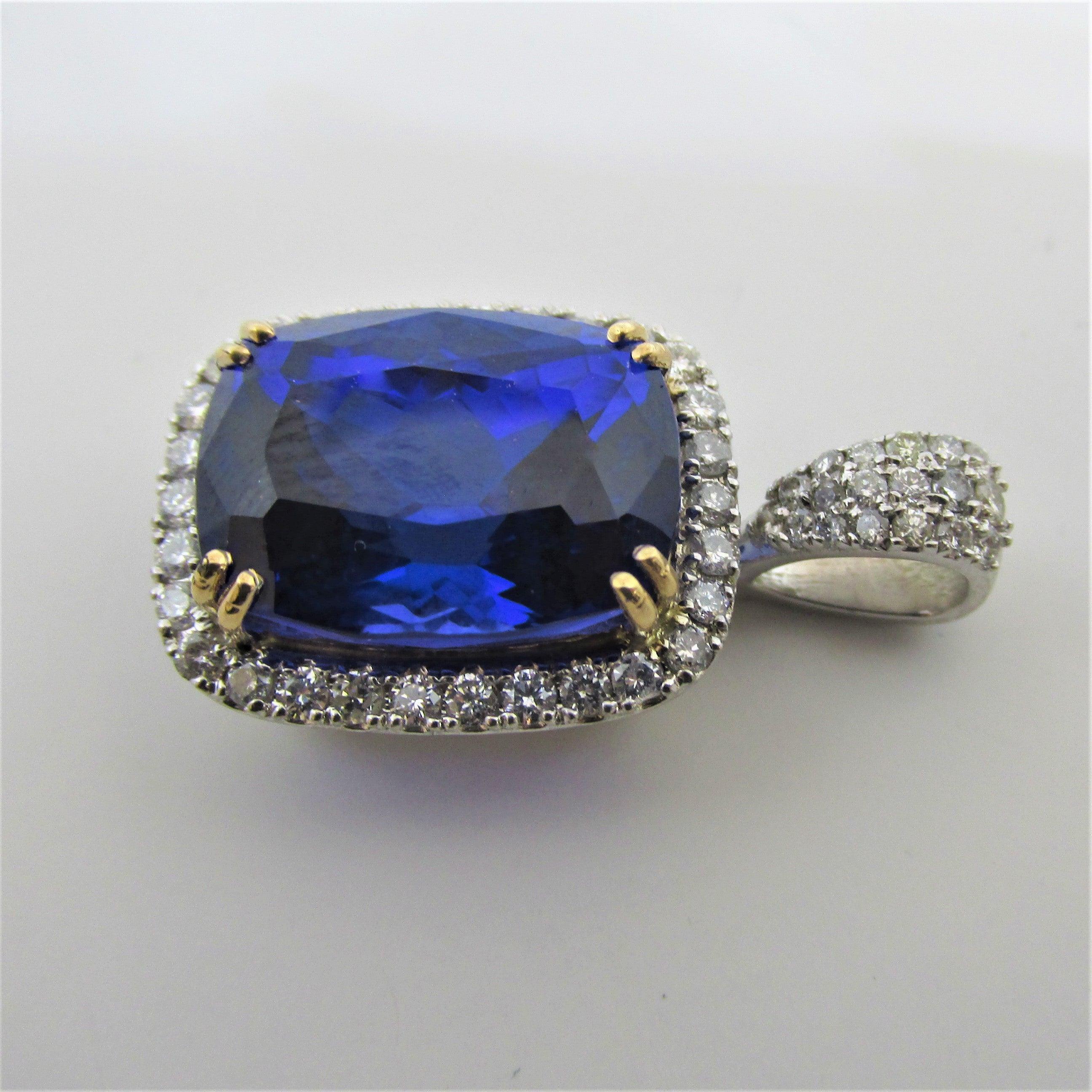 Tanzanite and Diamond Halo 2 Tone Gold Pendant - Thenetjeweler