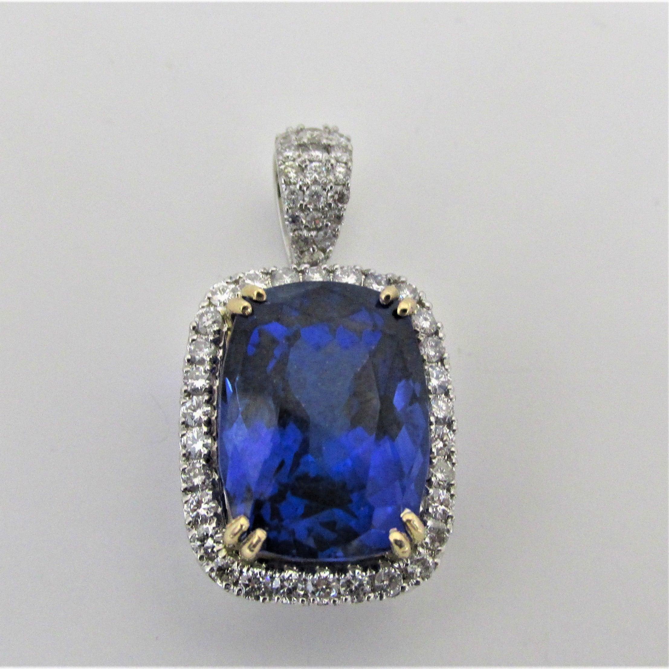 Tanzanite and Diamond Halo 2 Tone Gold Pendant - Thenetjeweler