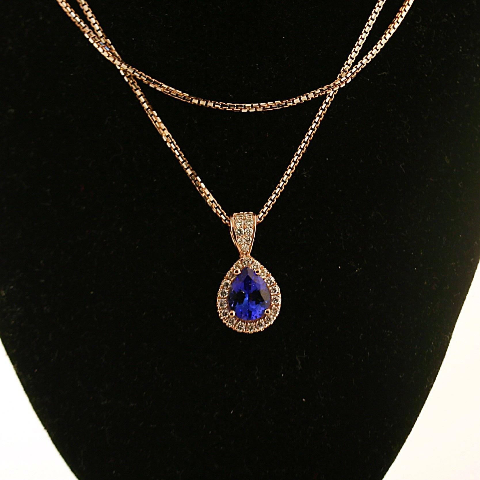 Pear Shaped Center Gemstone Diamond Halo Pendant and Chain 18K Pink Gold Custom Made - Thenetjeweler