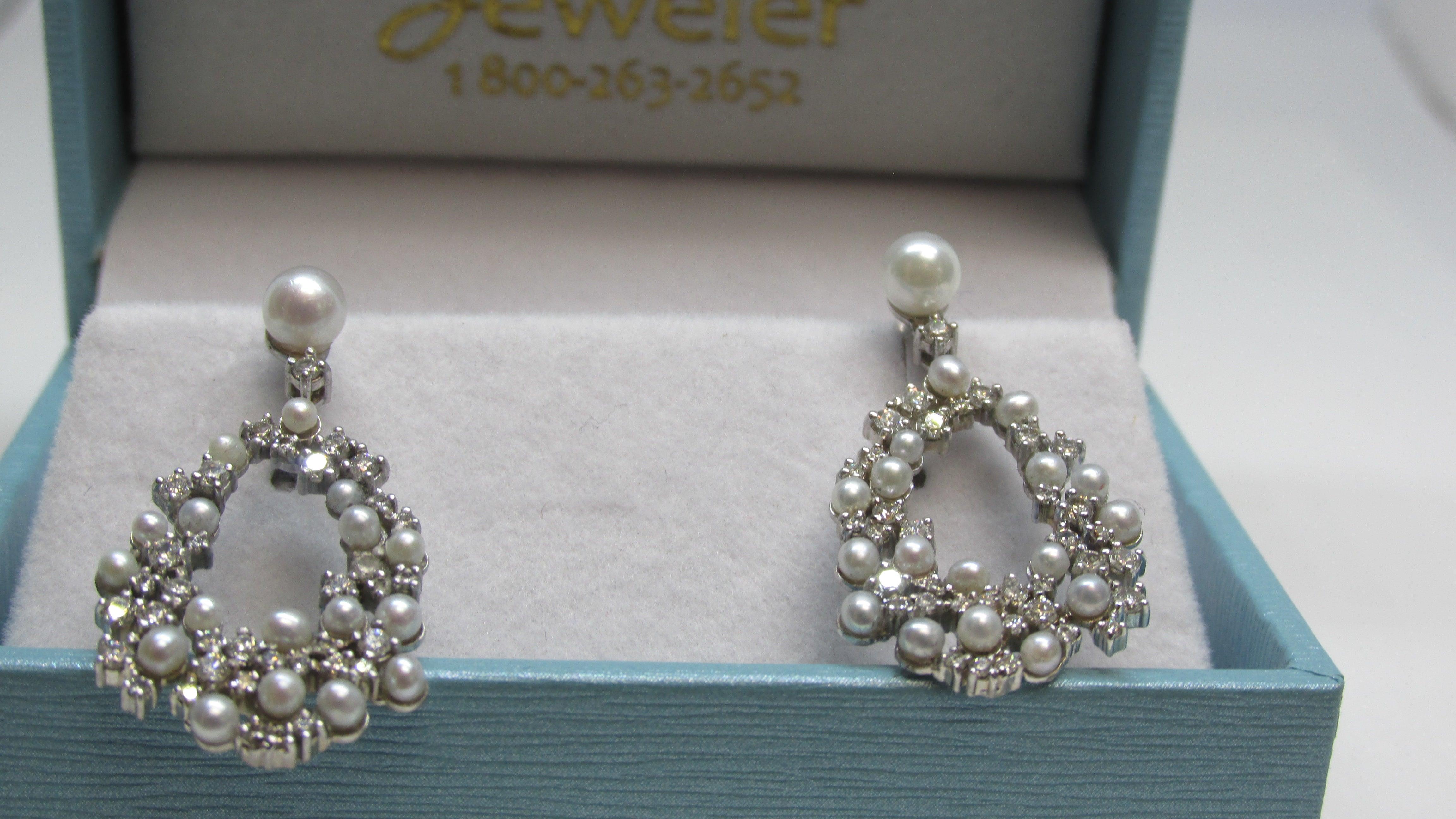 Natural Cultured Pearl and Diamond Drop Earrings - pearl earrings