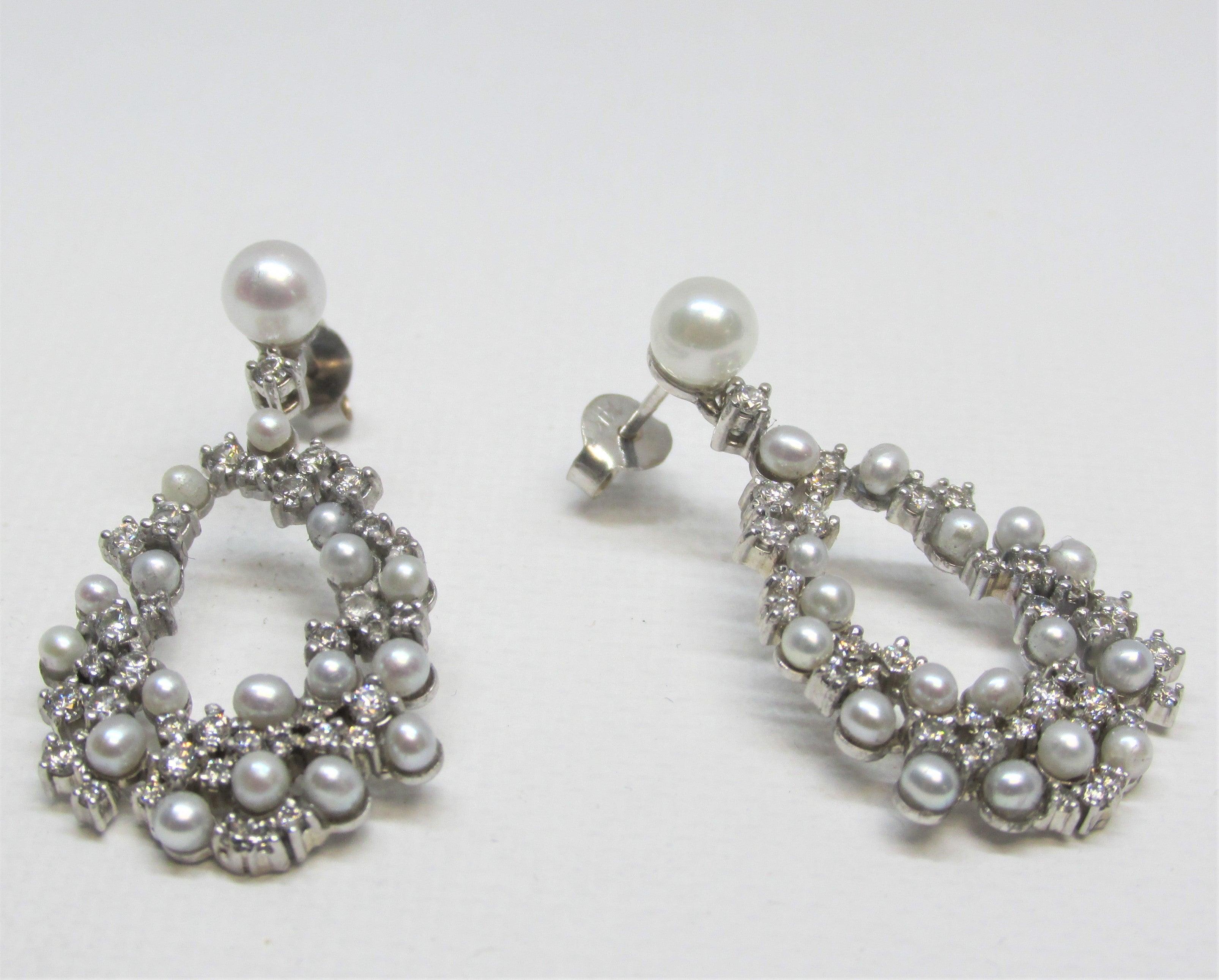 Natural Cultured Pearl and Diamond Drop Earrings - pearl earrings