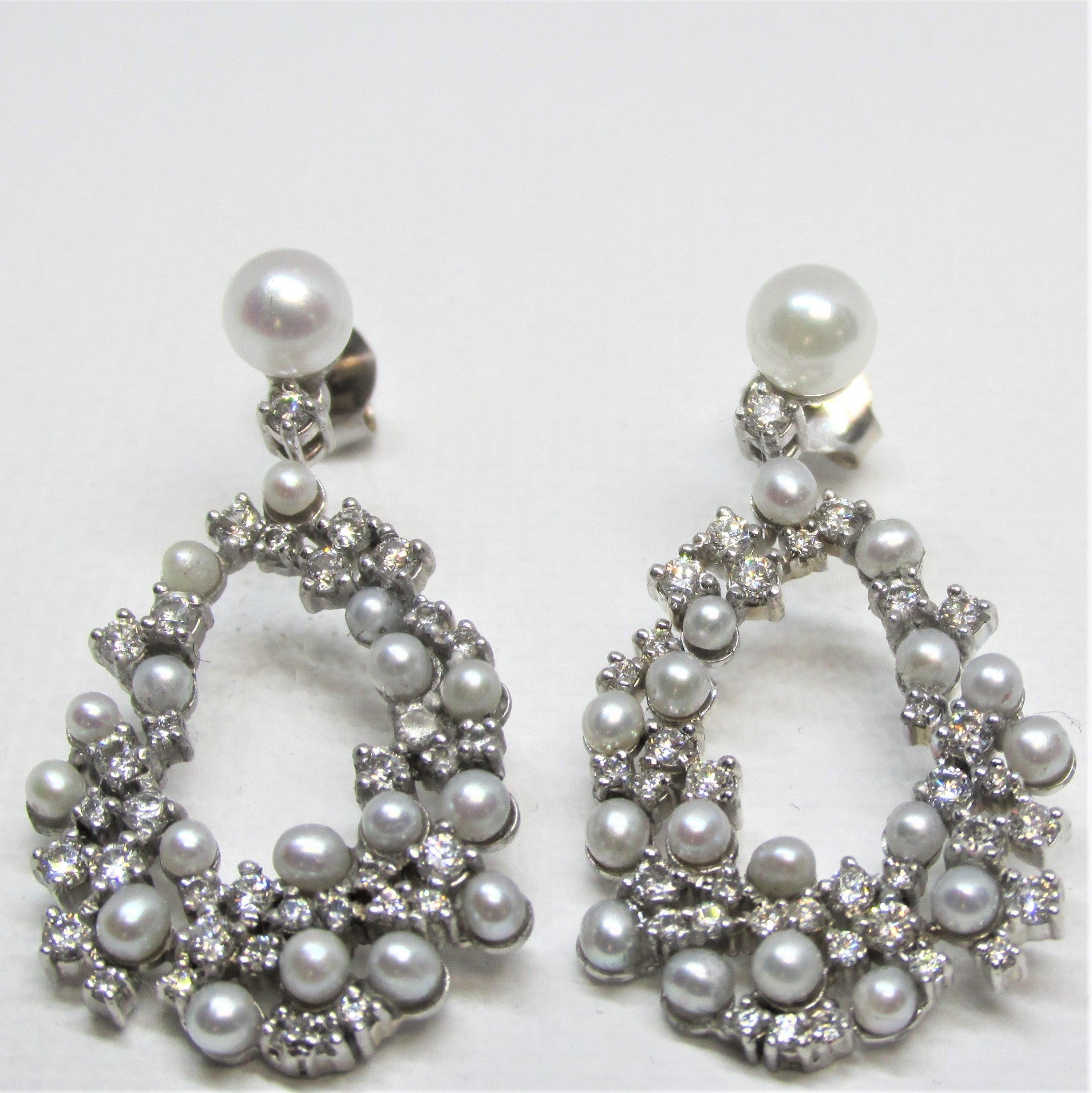 Natural Cultured Pearl and Diamond Drop Earrings - pearl earrings