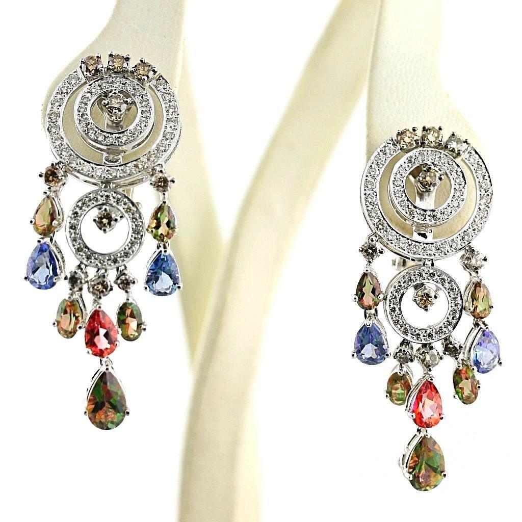 Colored Diamonds Dangle Chandelier Earrings 18K White Gold - Thenetjeweler