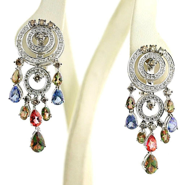 Colored Diamonds Dangle Chandelier Earrings 18K White Gold - Thenetjeweler