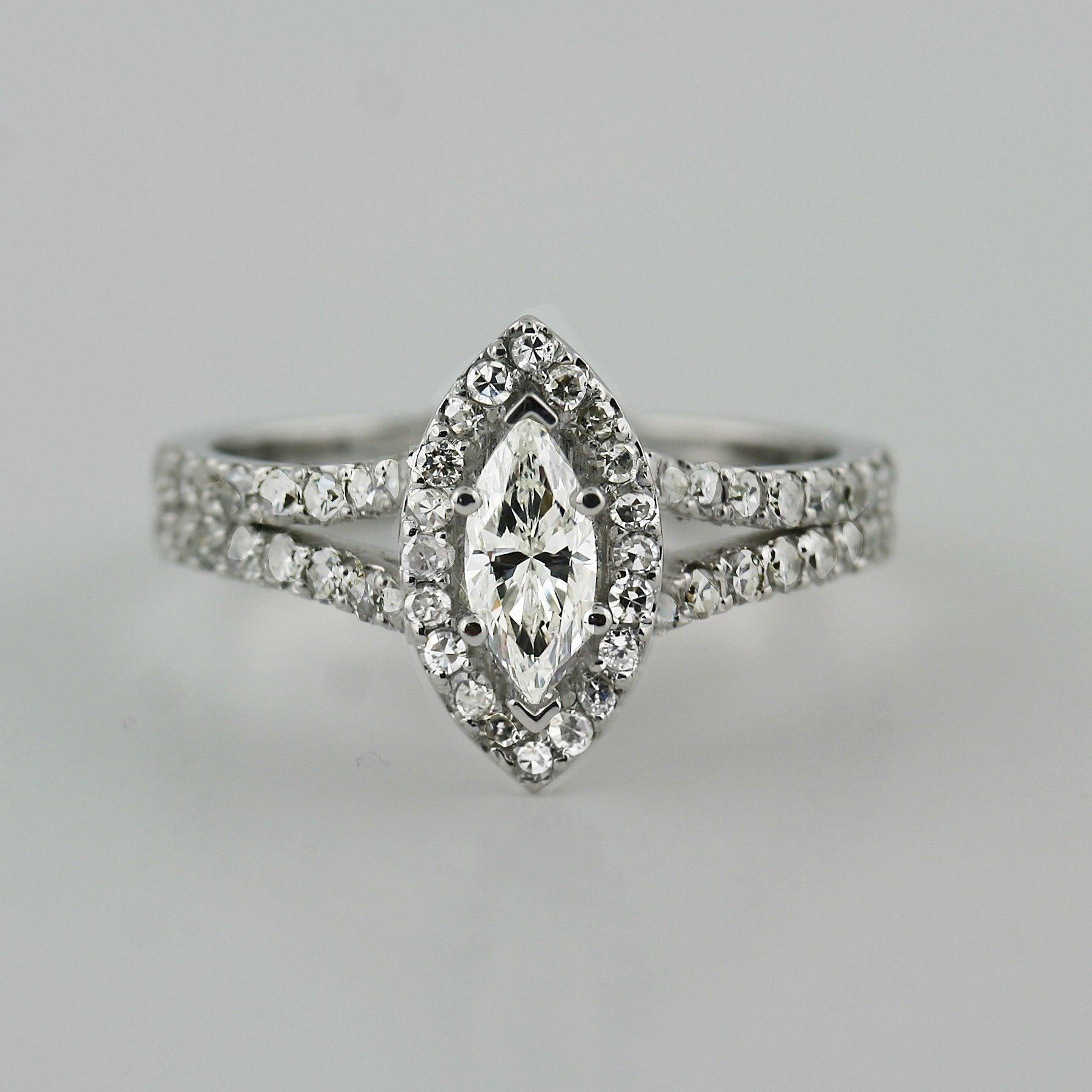 Marquise Halo Diamond Split Shank Engagement Ring 18K Gold - Thenetjeweler