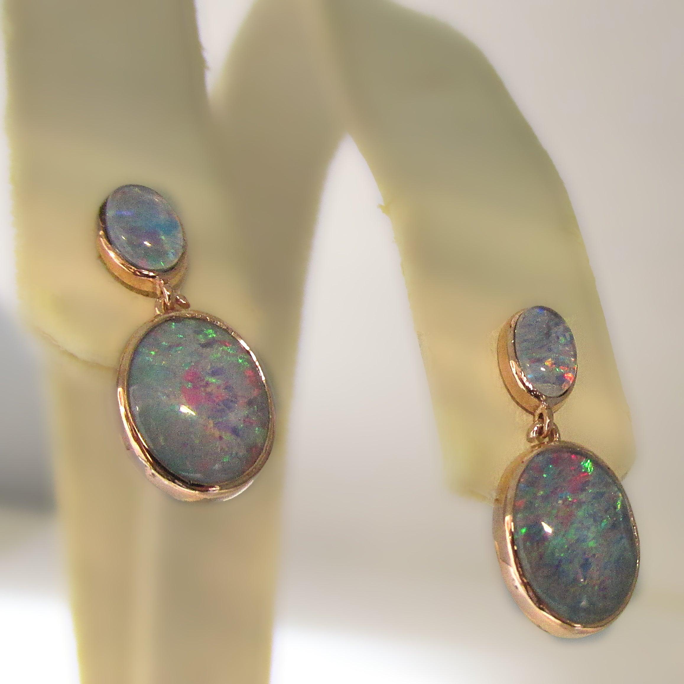 Double Triplet Fire Opal Drop Earrings 14K Rose Gold - Thenetjeweler