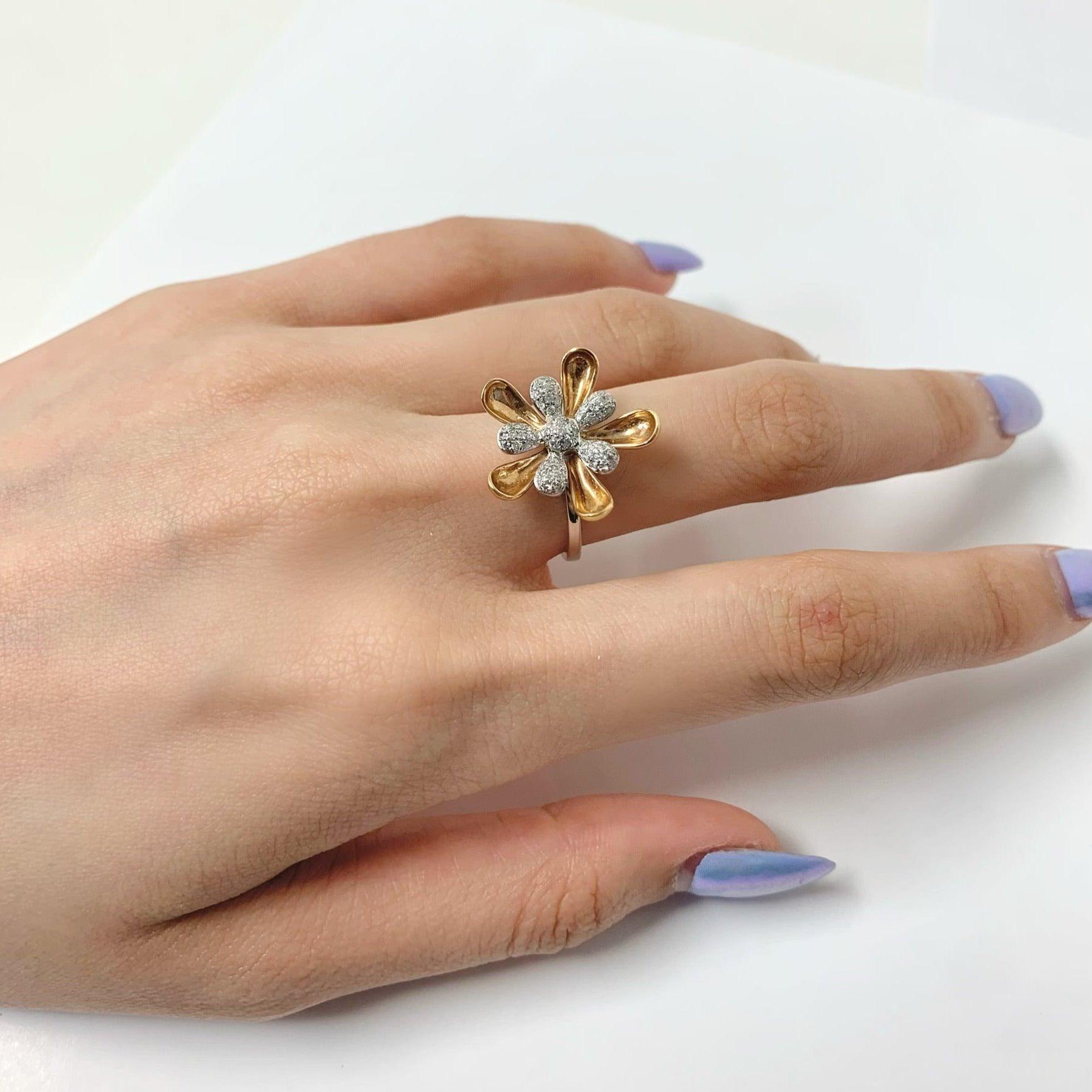 14K Gold and Diamond Flower Ring - Thenetjeweler