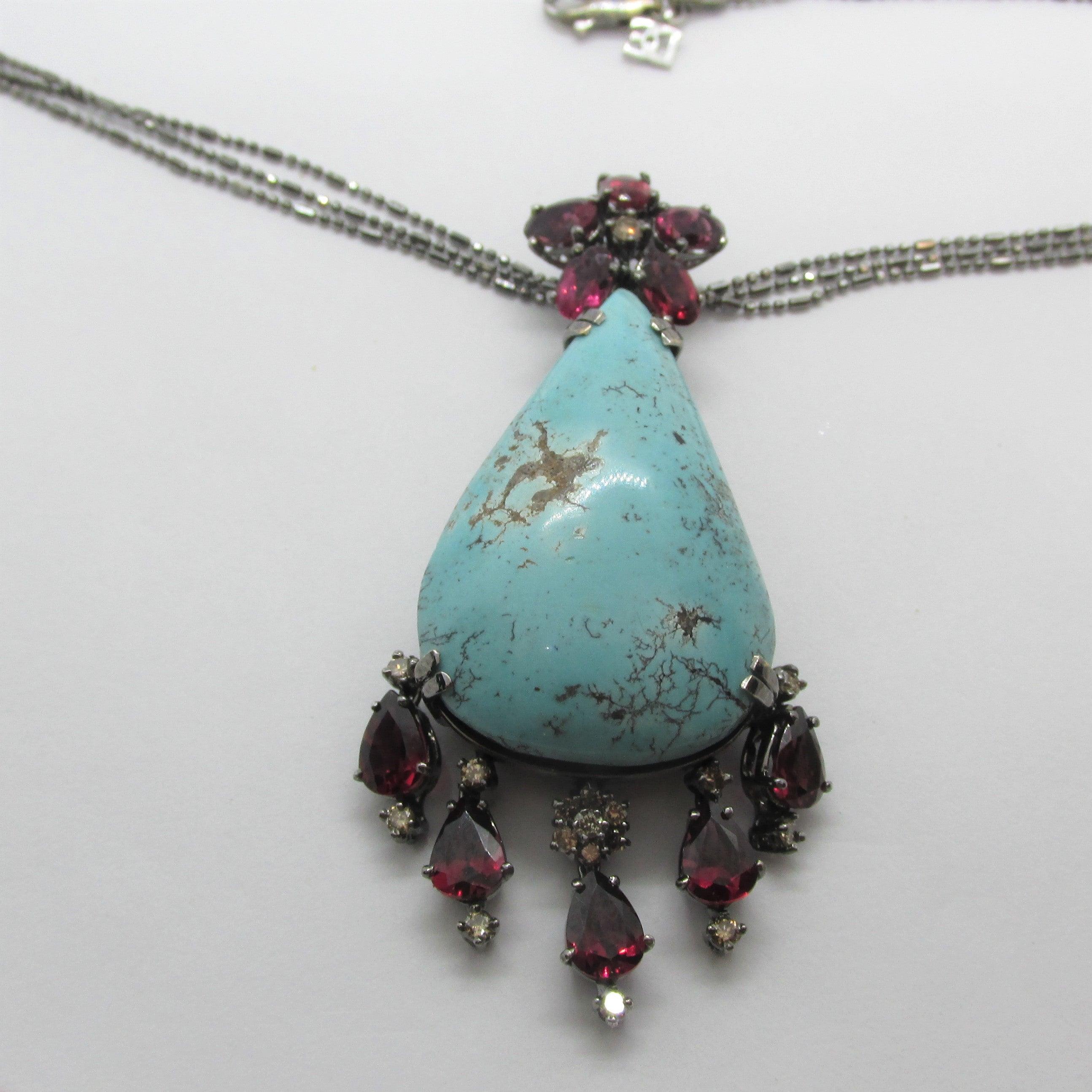Large Turquoise Garnet and Diamonds Necklace - Thenetjeweler