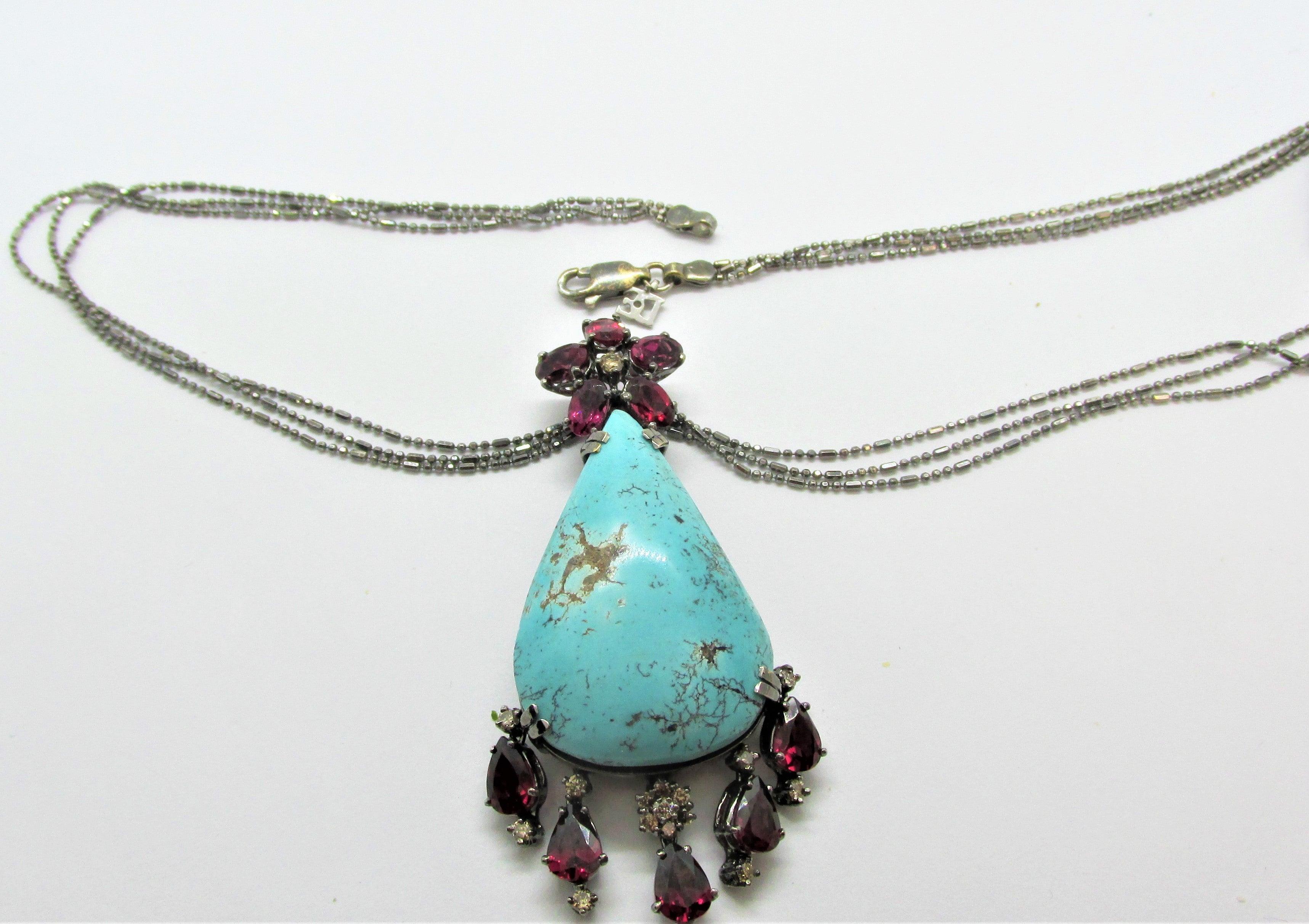 Large Turquoise Garnet and Diamonds Necklace - Thenetjeweler