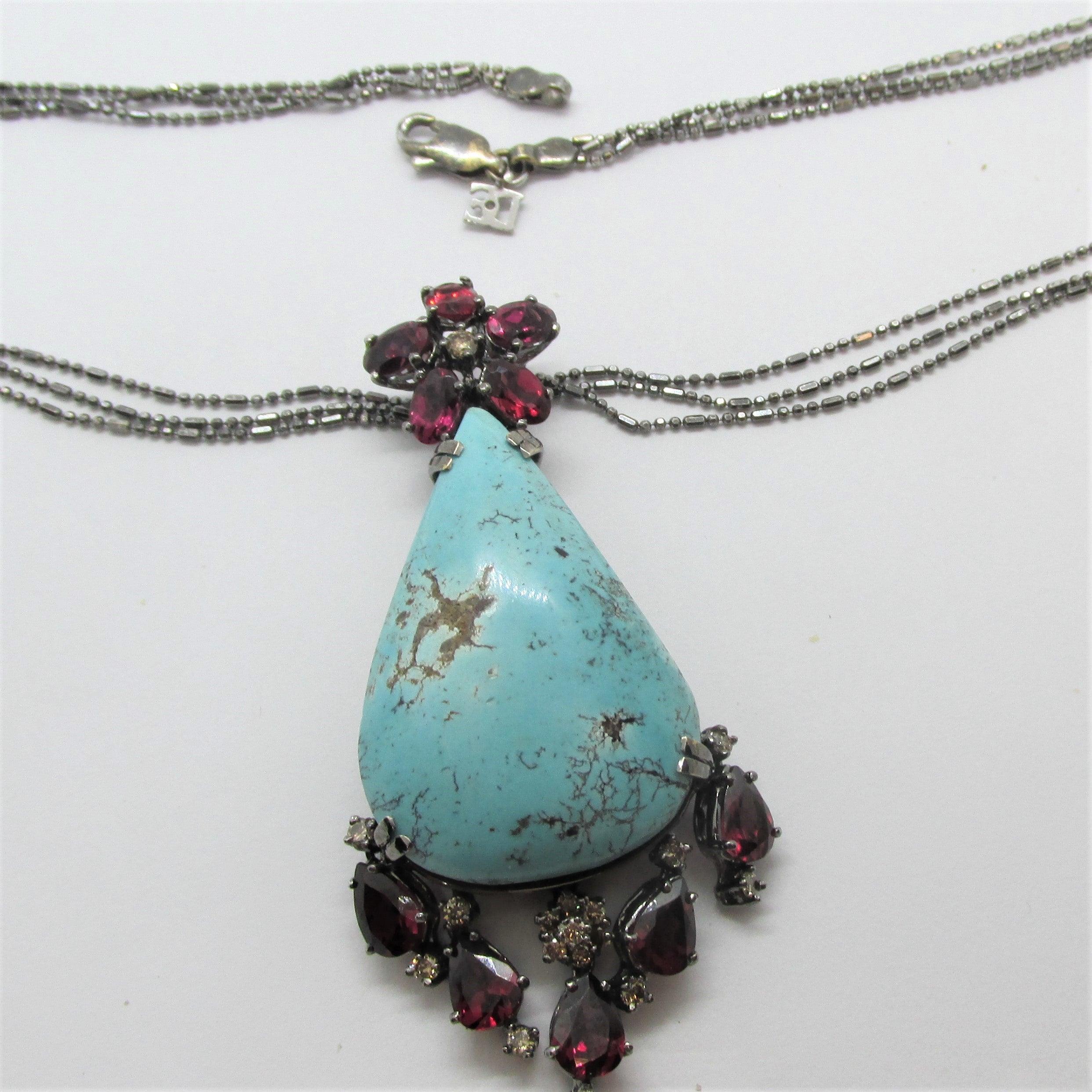 Large Turquoise Garnet and Diamonds Necklace - Thenetjeweler