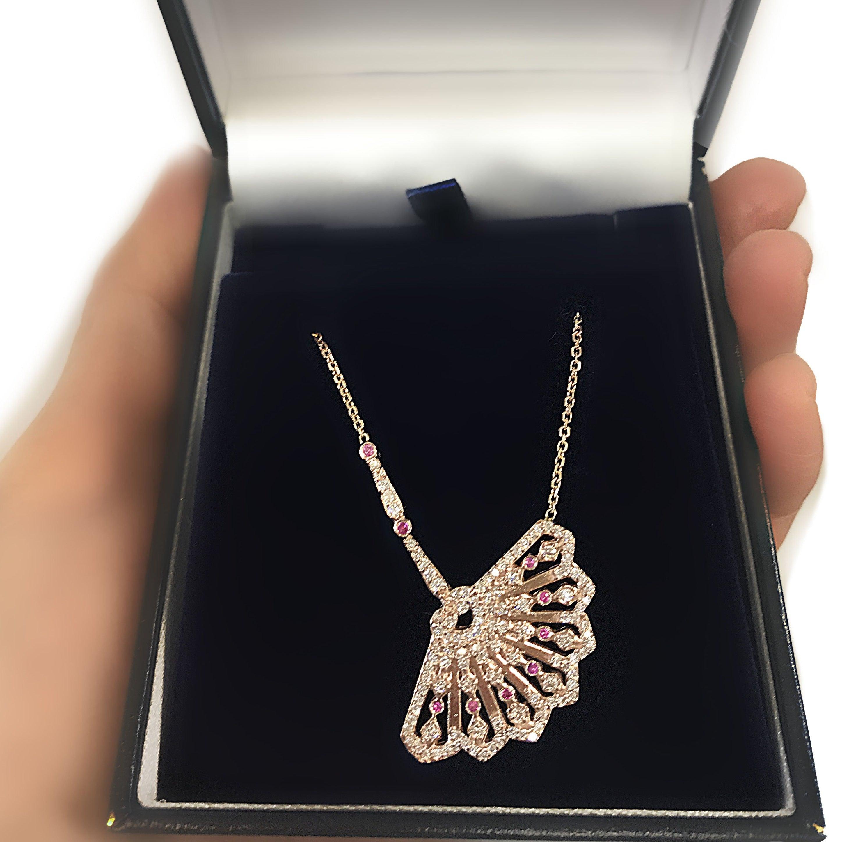 Ruby and Diamond Hand Fan Pendant With Chain - Thenetjeweler