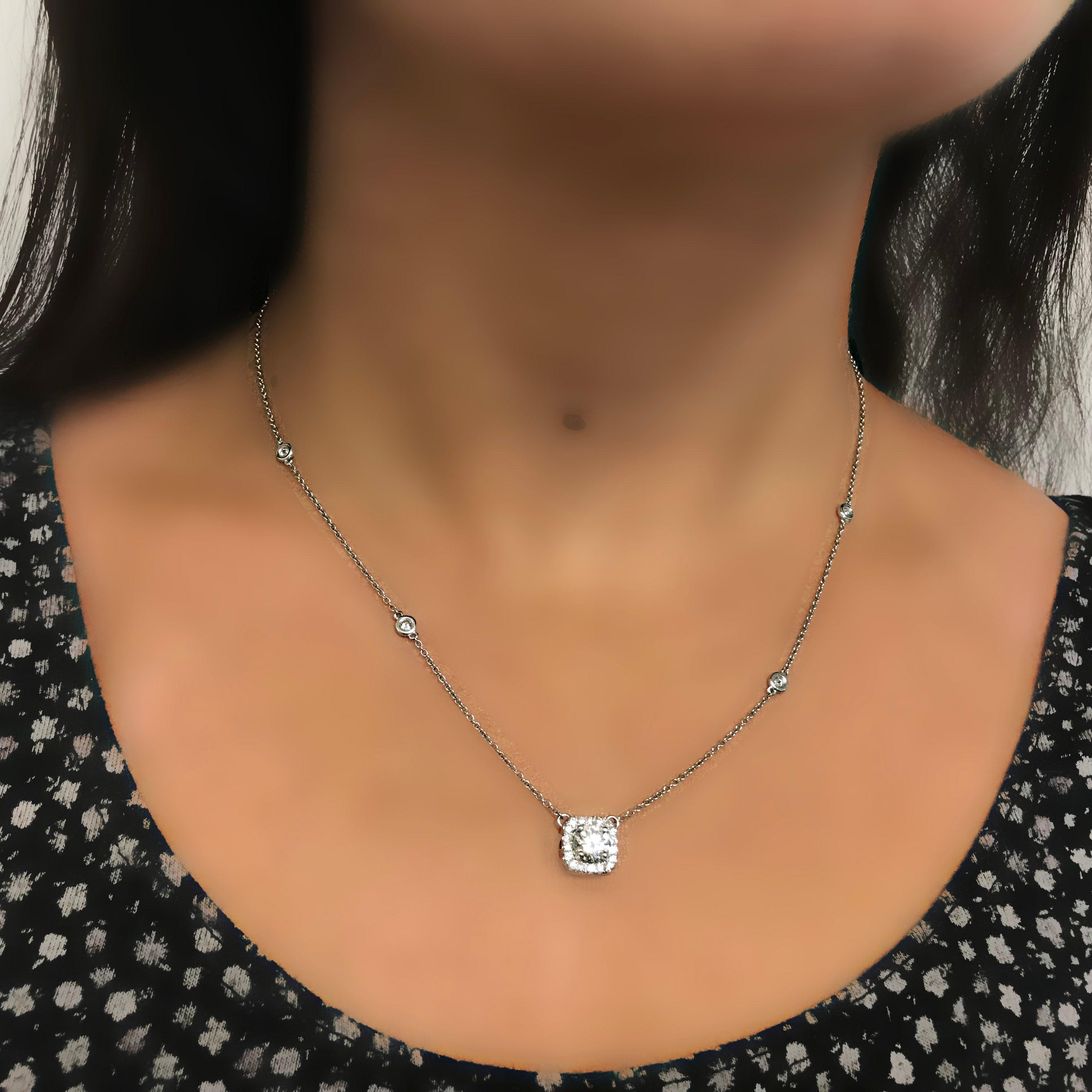 CUSHION HALO DIAMONDS BY THE YARD NECKLACE 14K WHITE GOLD - Thenetjeweler