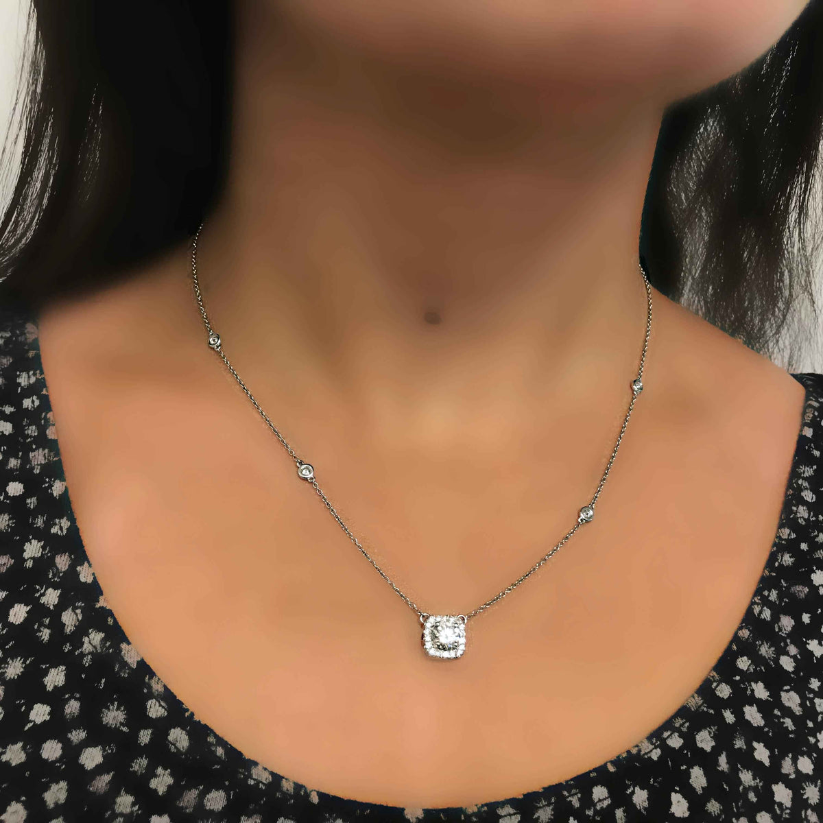 Cushion Halo Diamond station Necklace in 18K Gold