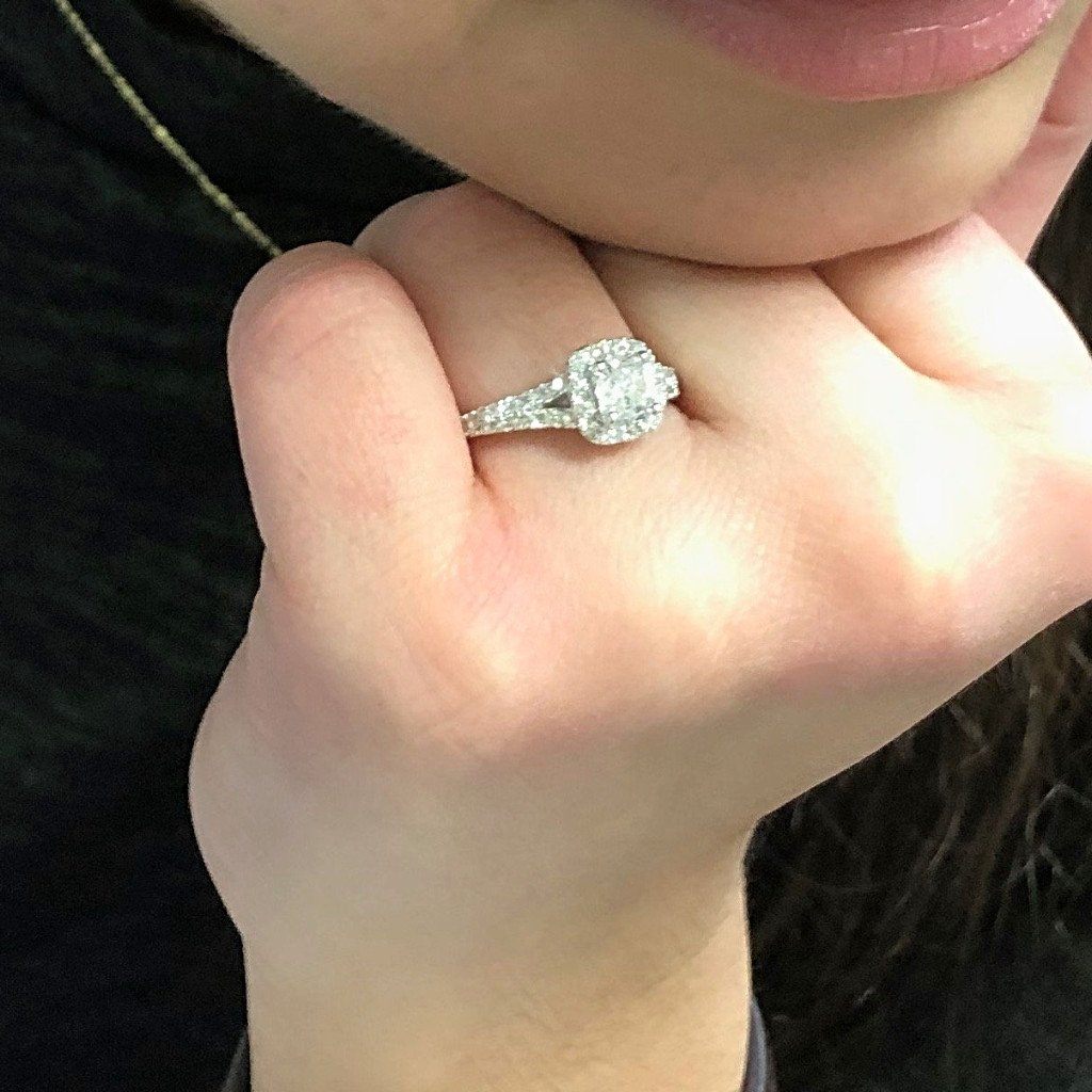 Cushion Halo Diamond Split Shank Side Stone Engagement Ring - Thenetjeweler