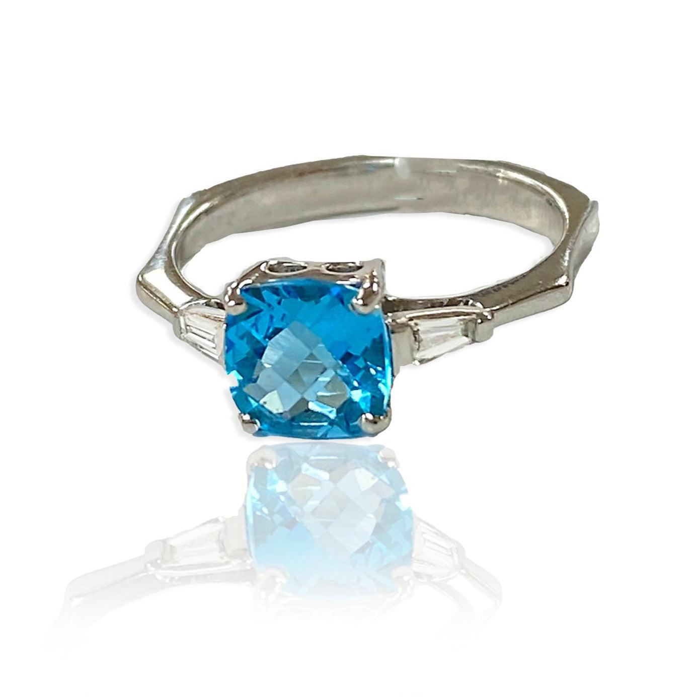 Cushion Blue Topaz and Diamond Baguette Ring - Thenetjeweler