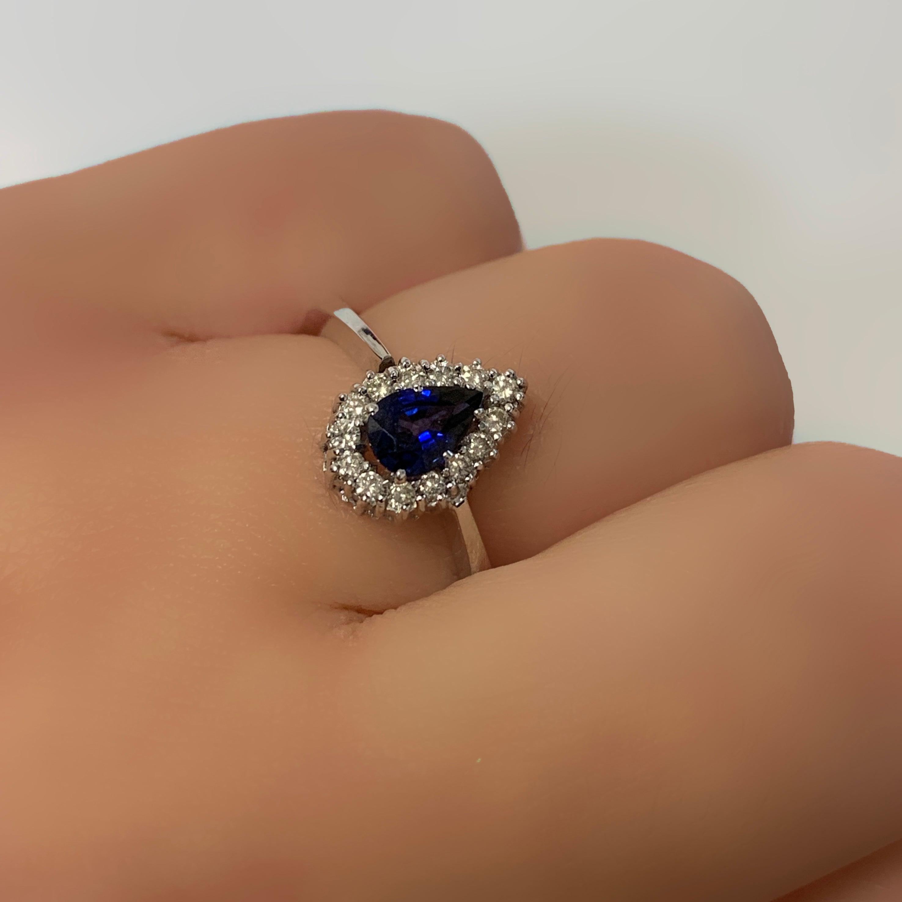Pear Halo Blue Sapphire and Diamond Ring 18K White Gold - Thenetjeweler