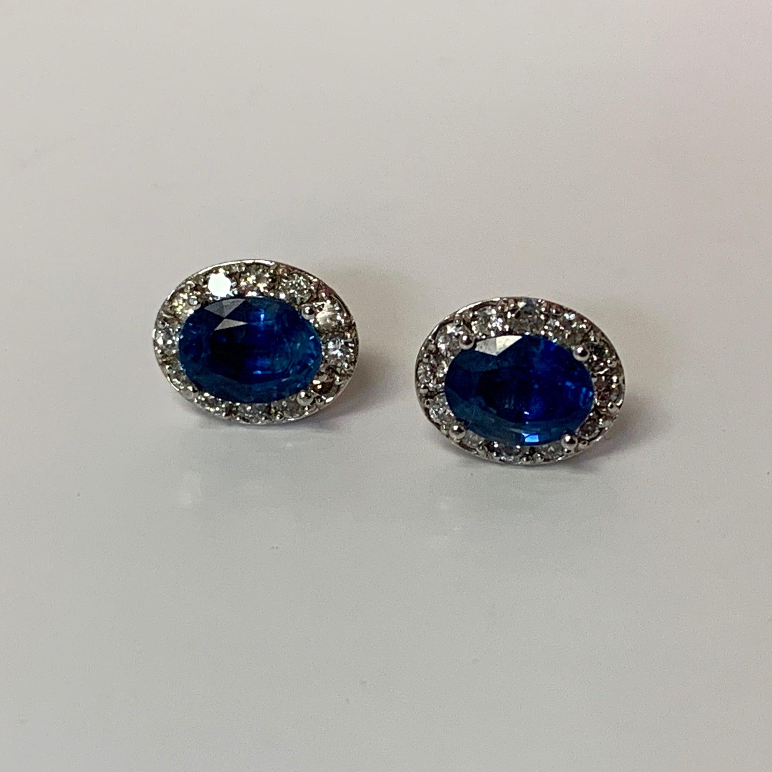 Oval Sapphire Diamond Halo Stud Earrings White Gold - Thenetjeweler