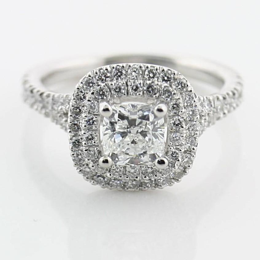 Double Halo 0.90c Round Diamond Engagement Ring 18K White Gold - Thenetjeweler